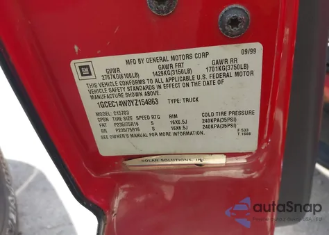 2000 Chevrolet Silverado 1500 from USA, damaged, VIN 1GCEC14W0YZ154863